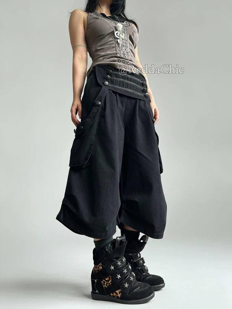 Women's Black Cargo Pants with Pleated Legs and Length Options