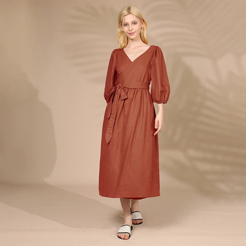 Women's Cotton-Linen V-Neck Puff-Sleeve A-Line Midi Dress with Waist Tie and Pockets