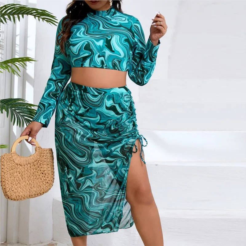 Women's Printed Long Sleeve Bikini with Matching Wrap Skirt