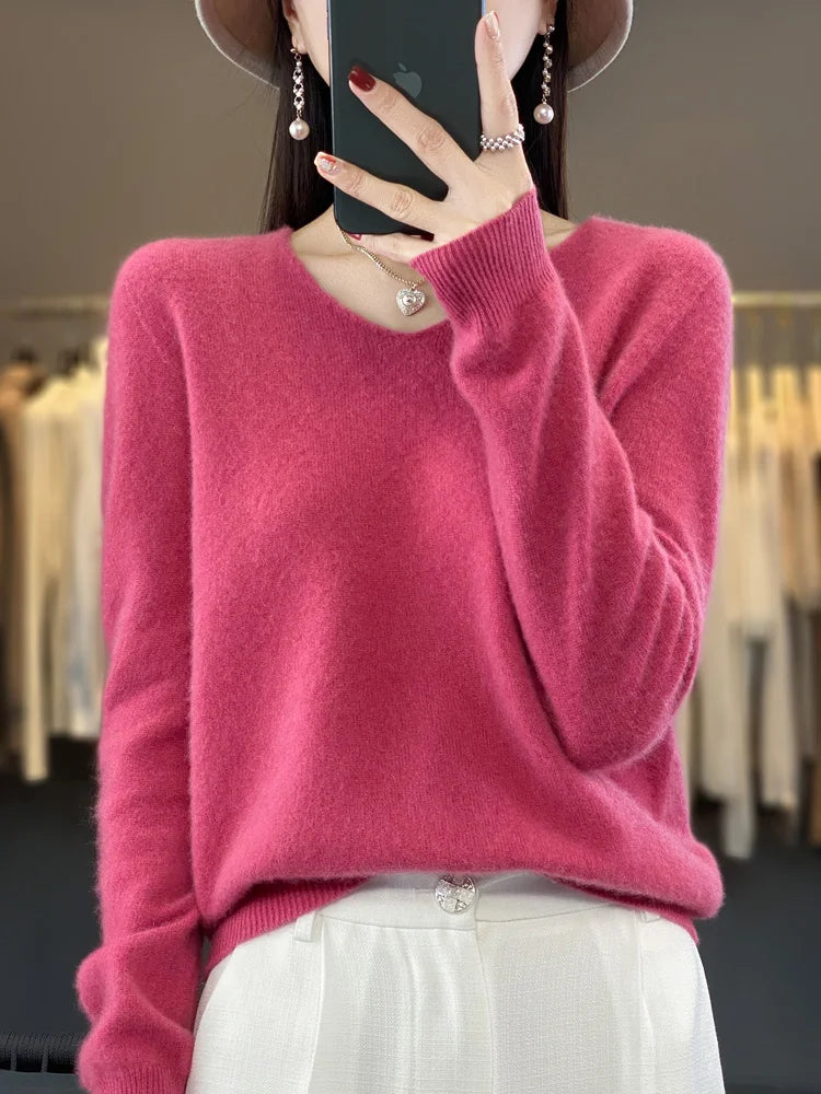 Women's V Neck Long Sleeve Sweater Casual Knit Layer