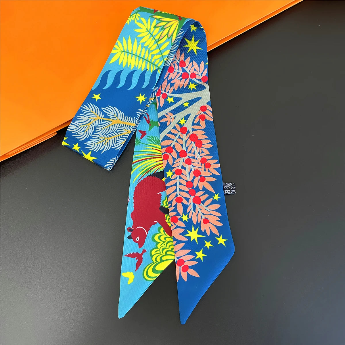 Colorful Printed Skinny Ribbon Scarf with Tie Ends