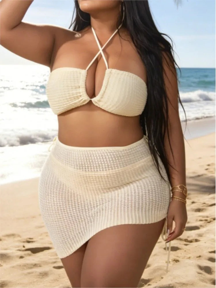 Women's Textured Halter Bikini Set with Matching Ruched Mini Skirt