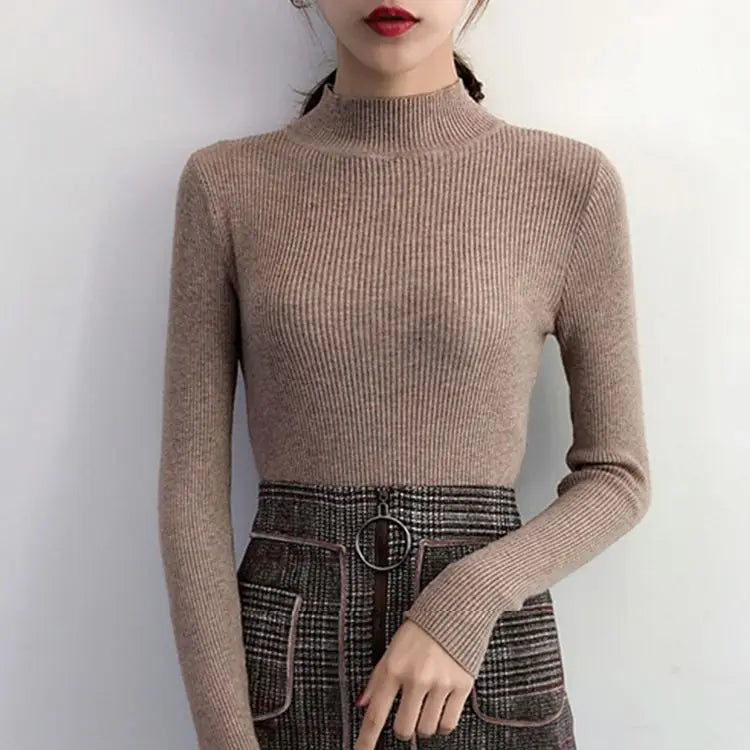 Women's Plain Roll Neck Long Sleeve Sweater Casual Knit Layer