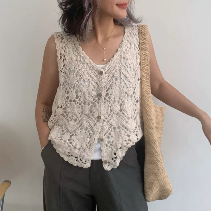 Women's Floral Open Knit Sleeveless Vest Casual Knit Layer