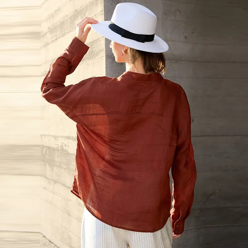 Women's Ramie Long-Sleeve V-Neck Button-Up Shirt with Loose Fit for Casual Outfits