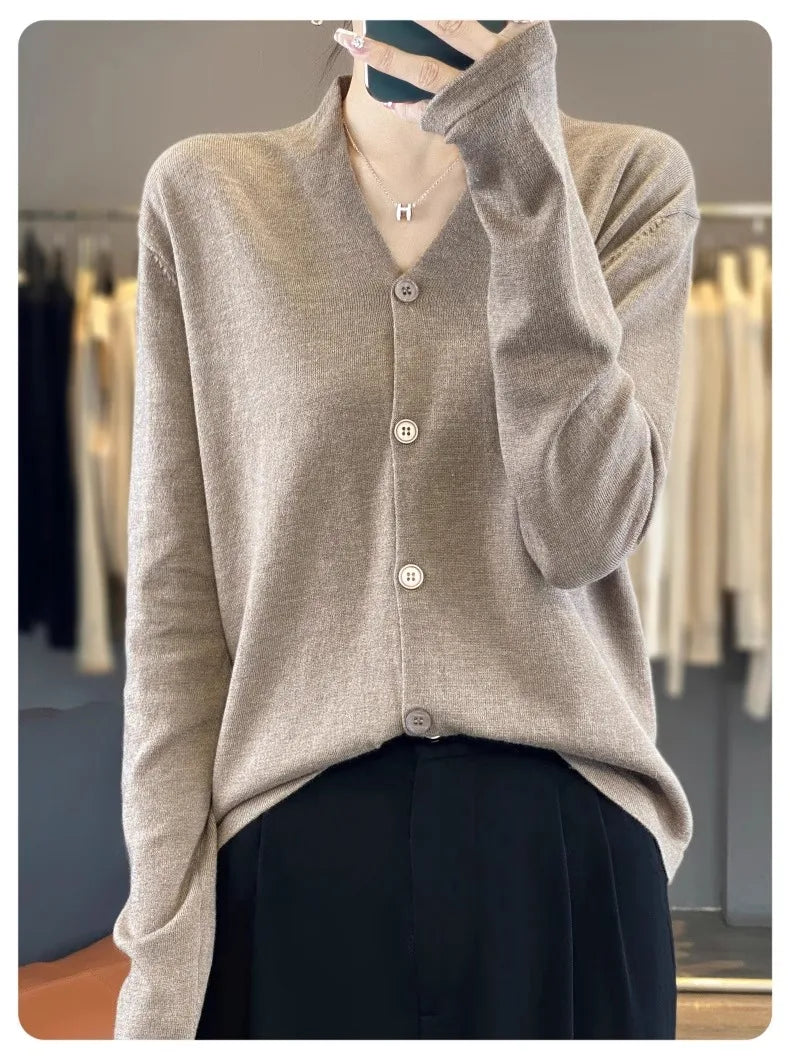 Light luxury retro style! V-neck pure cashmere knit cardigan women's autumn and winter loose wool top bottom sweater coat