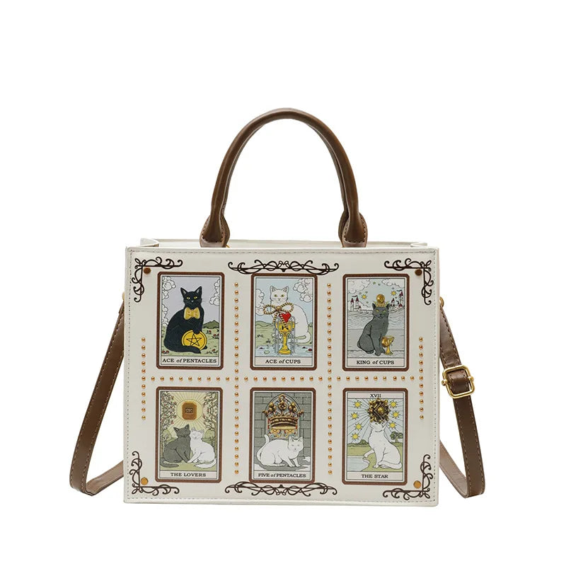 Women's Tarot Cat Print Tote Handbag with Handles and Crossbody Strap
