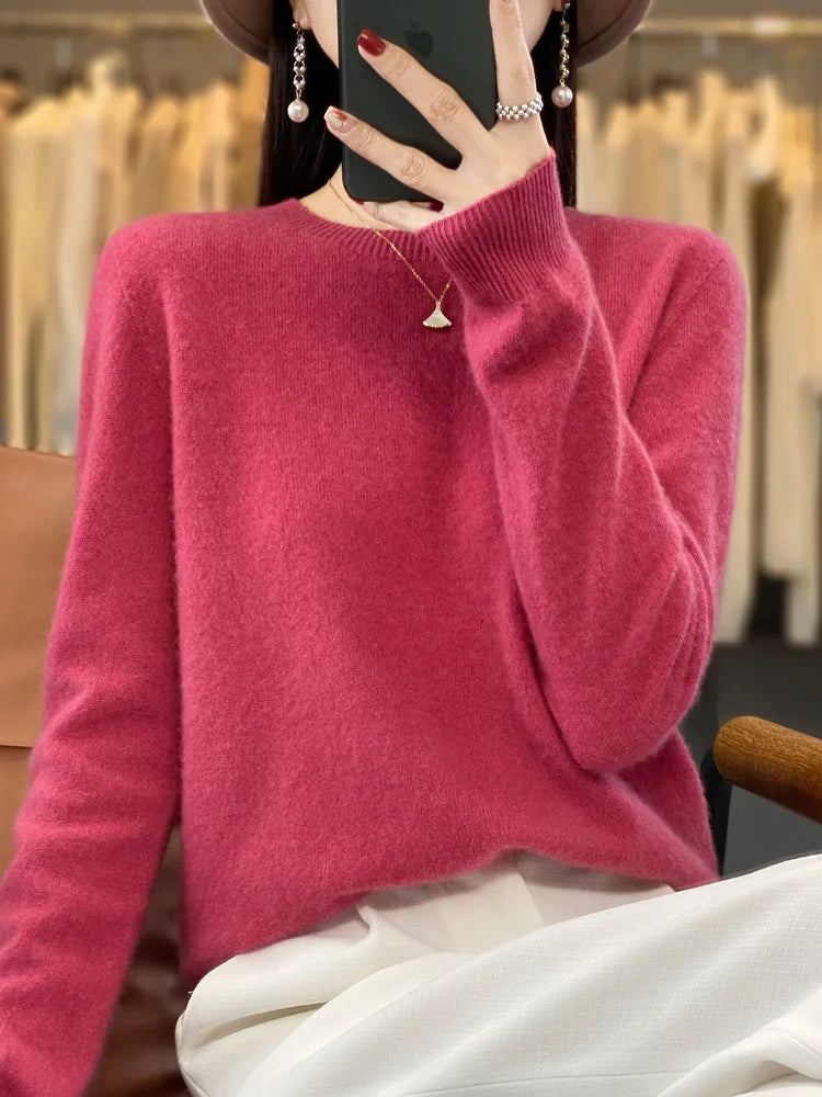 Women's Fluffy Round Neck Long Sleeve Sweater Casual Knit Layer