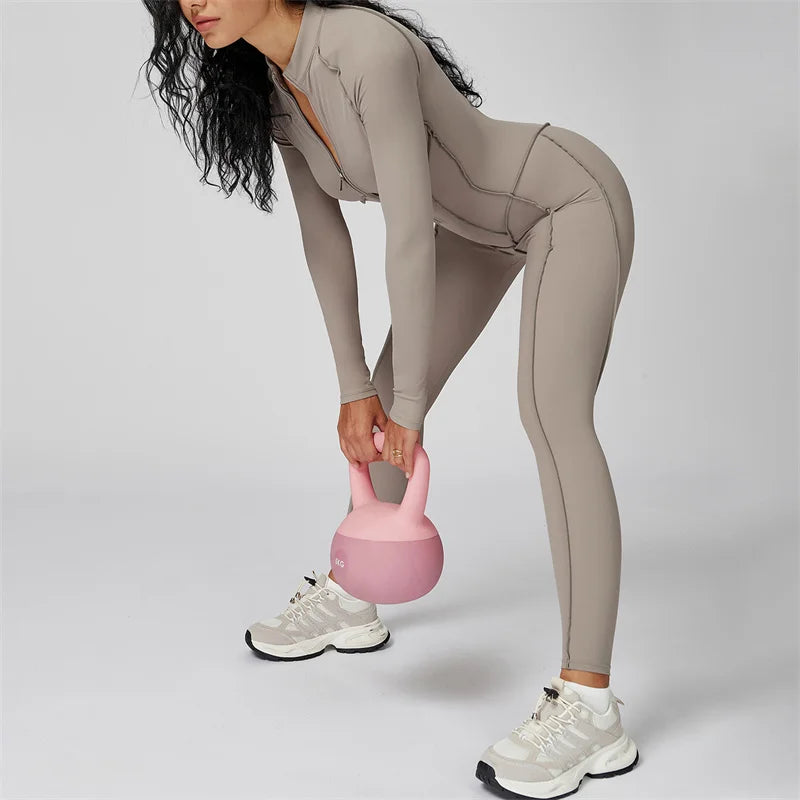 Women's Long Sleeve Nylon Blend Half Zip Workout Jumpsuit with Panel Seams