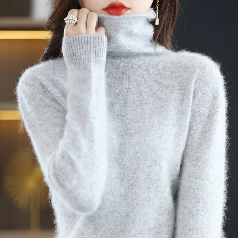 Women's Fluffy Roll Neck Long Sleeve Sweater Casual Knit Layer