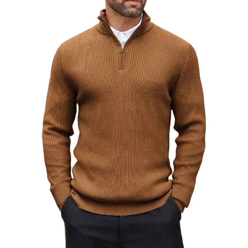 Men's Quarter Zip Ribbed Long Sleeve Sweater