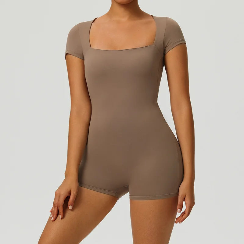 Women's Short Sleeve Nylon Blend Workout Romper with Square Neck