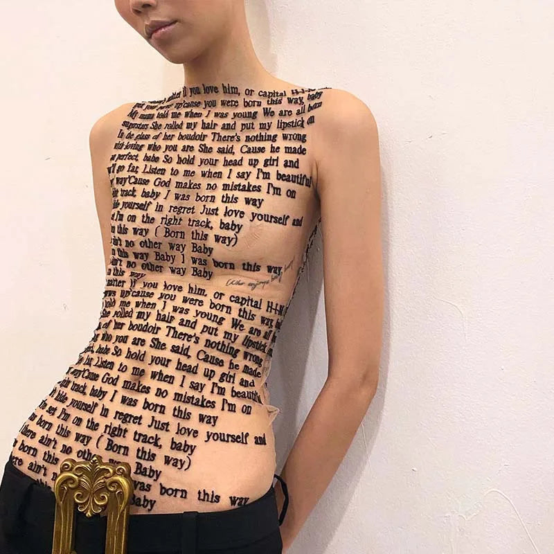 Women's Newspaper Letter Print Cotton Blend Mesh Tank with High Neck