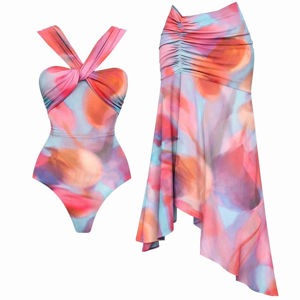 Striped Cutout One-Piece Swimsuit with Long Skirt