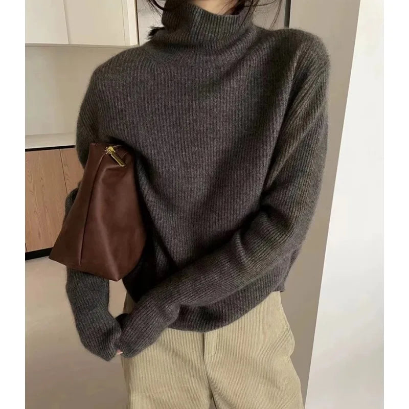 Foreign style autumn and winter turtleneck 100% pure cashmere sweater women lazy loose thick jumper knitted wool base shirt