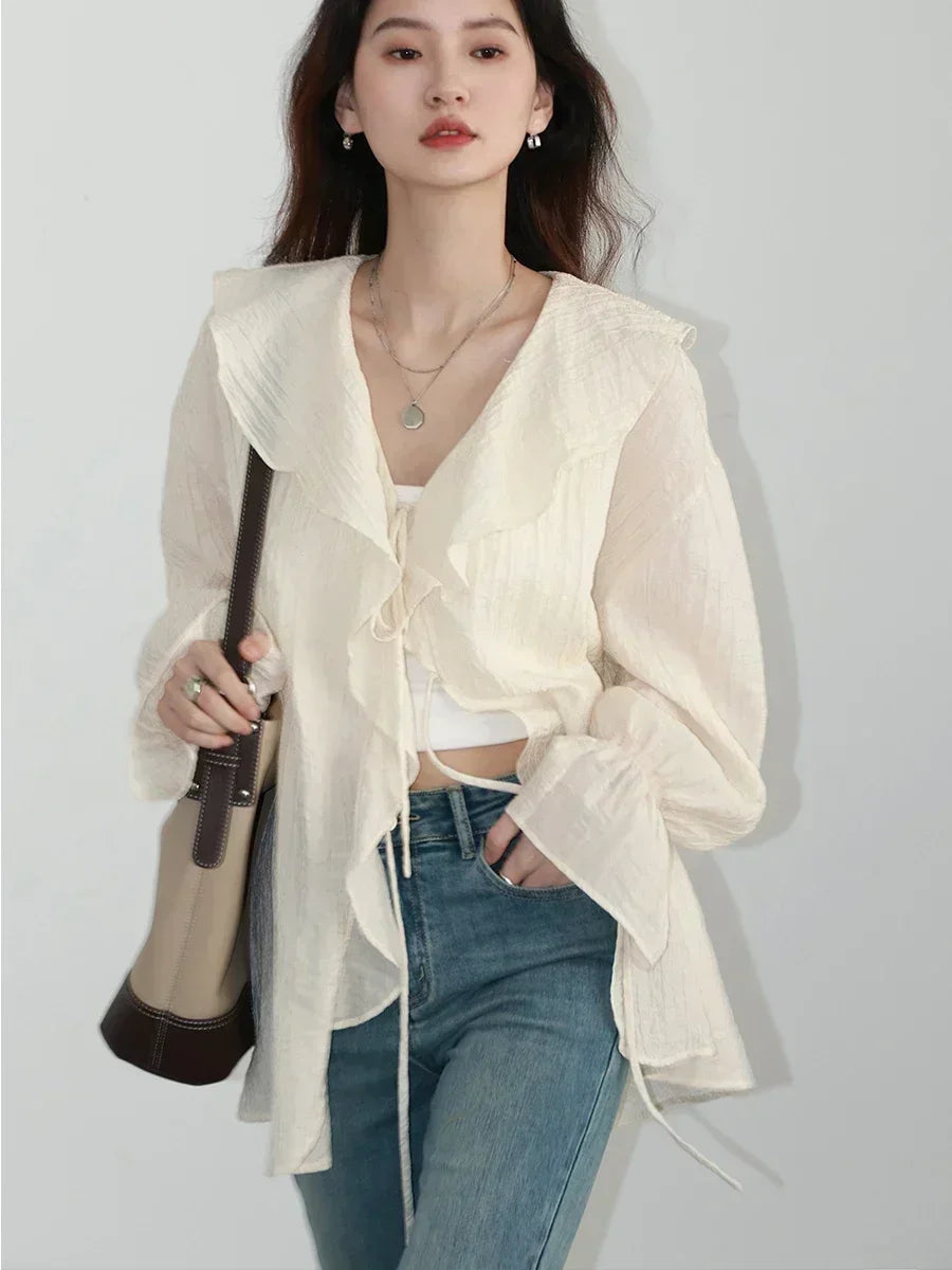 Women's Ruffled V Neck Blouse with Flared Cuffs