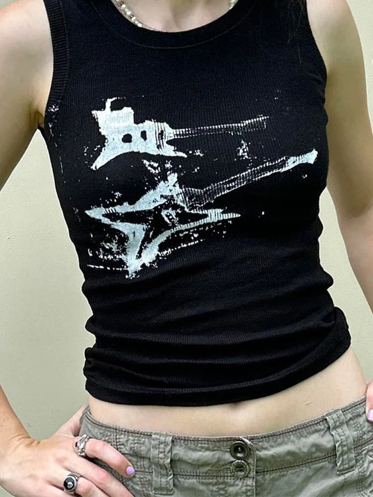 Women's Guitar Print Polyester Blend Crop Tank Top with Round Neck