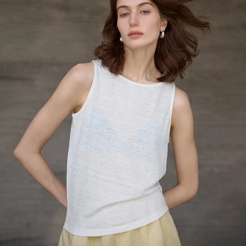 Women's Linen Sleeveless Round-Neck Tank Top for Casual Summer Daily Wear Outfits