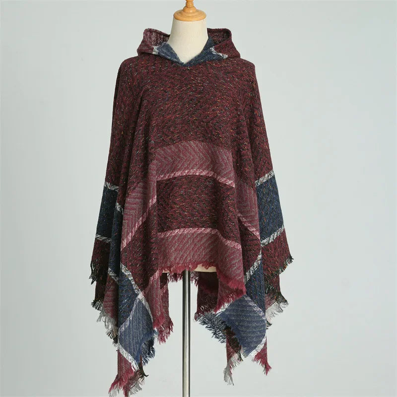 Hooded Stripe Fringe Poncho for Layering over Outfits