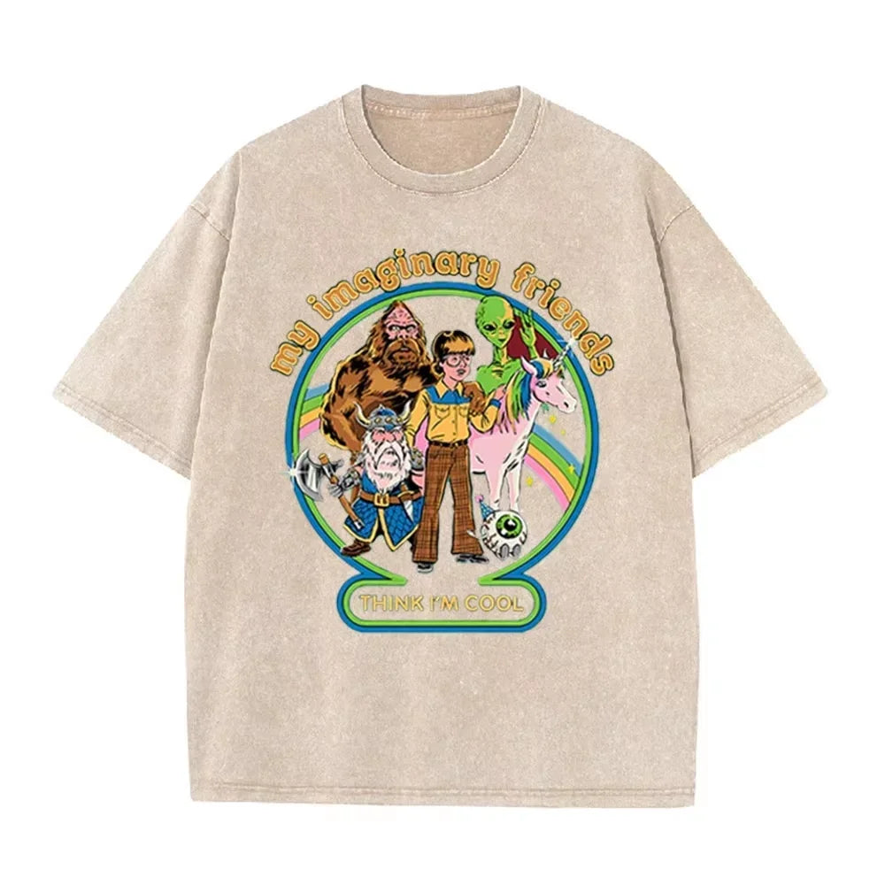 Brown Acid Wash Imaginary Friends Graphic Casual Retro Streetwear Tee