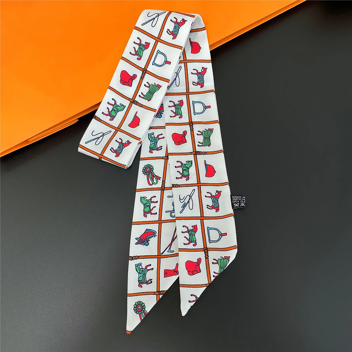 Colorful Printed Skinny Ribbon Scarf with Tie Ends