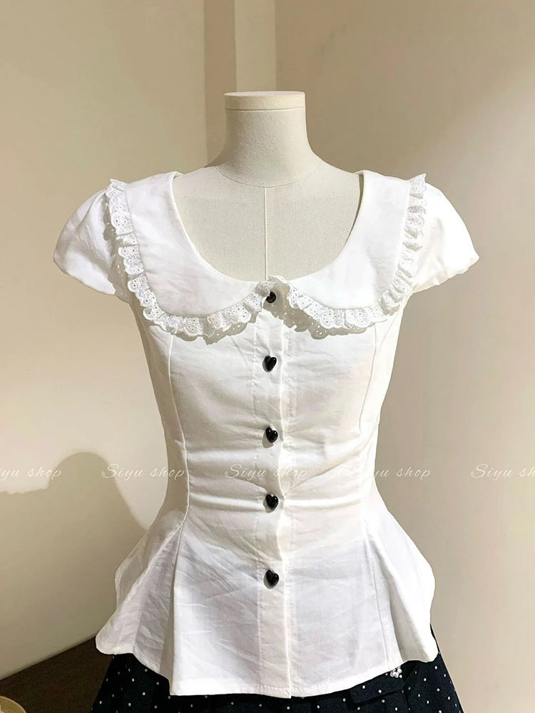 Women's Lace Detail Peter Pan Collar Button Front Shirt