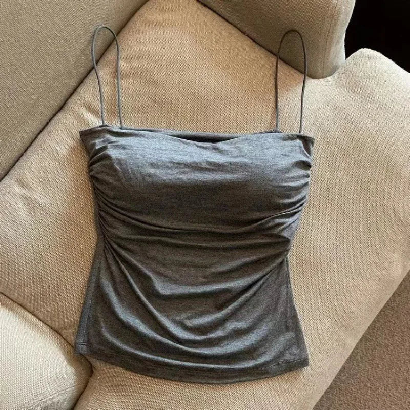 Women's Ruched Crop Top with Thin Shoulder Straps and Cropped Length