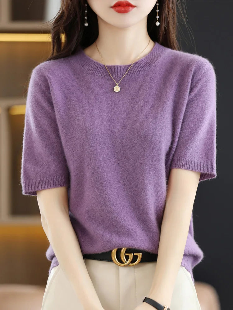Women's Crew Neck Short Sleeve Sweater Casual Knit Layer