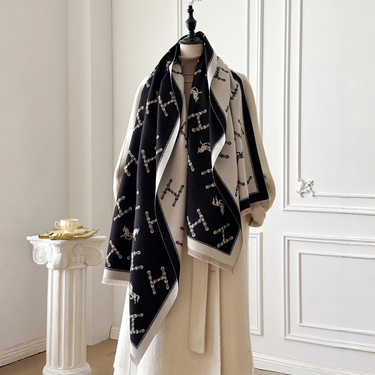 Monogram Pattern Fringed Wrap Scarf for Layering over Outfits