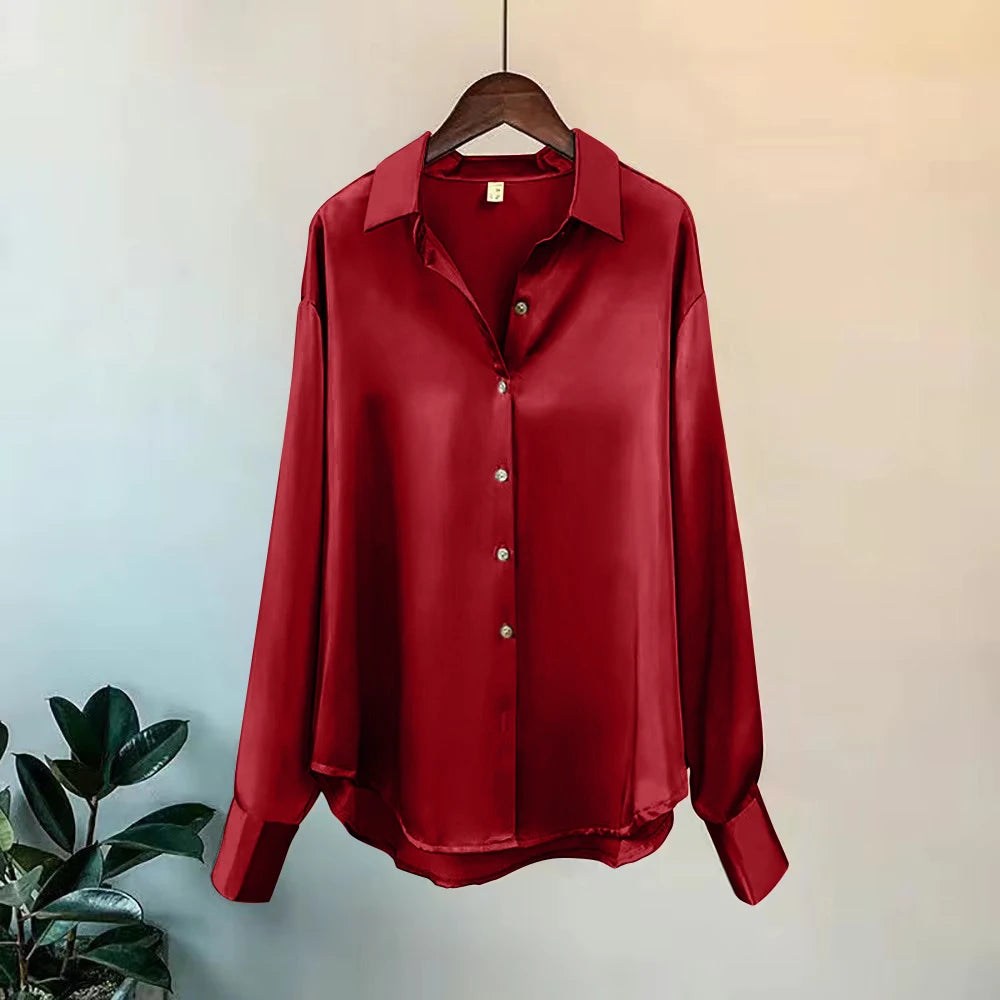 Women's Satin Look Long Sleeve Button Front Shirt