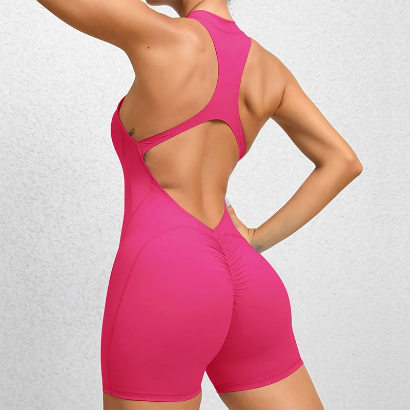 Women's Halter Neck Nylon Blend Workout Romper with Front Zipper and Racerback