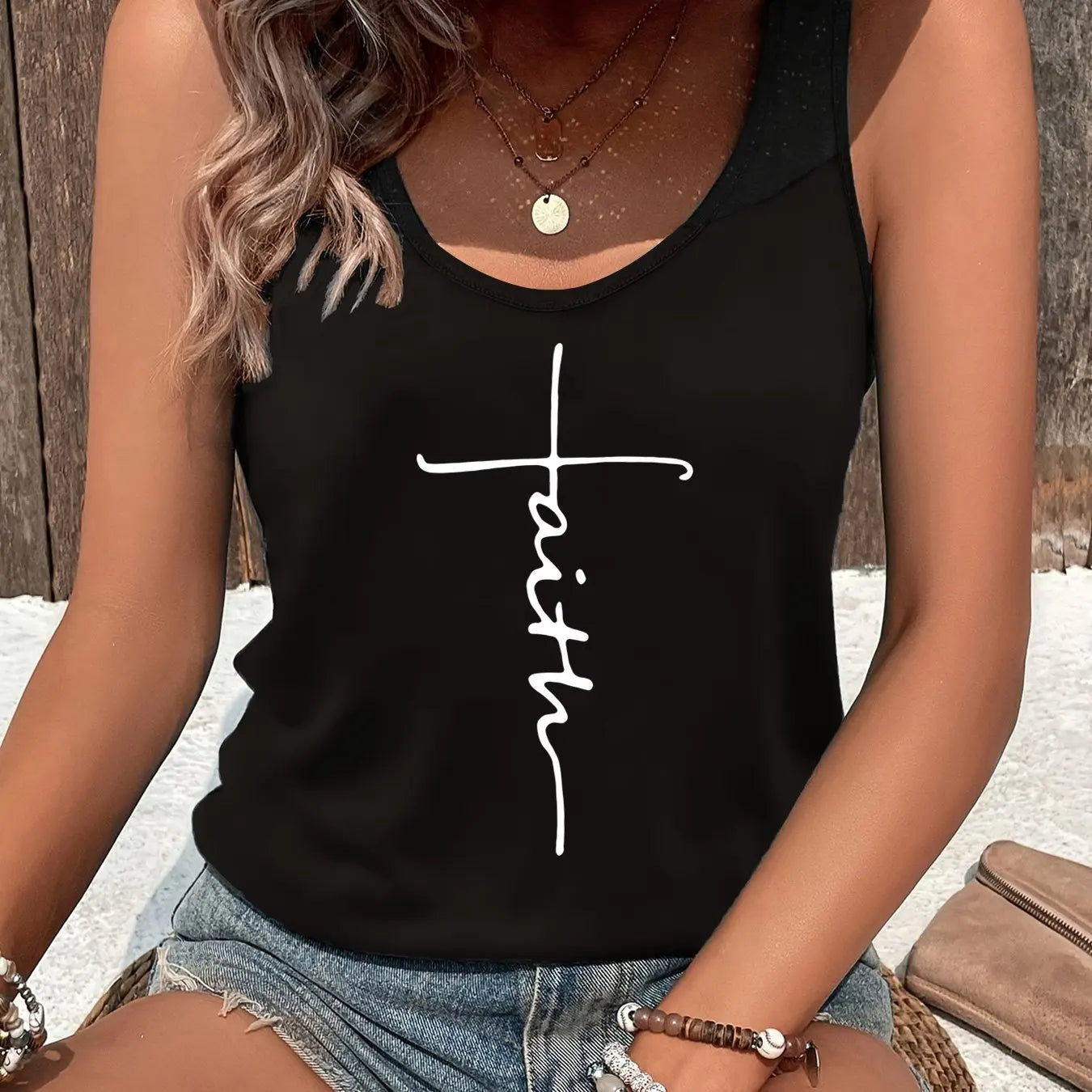Women's Printed Polyester Tank Top with Round Neck and Relaxed Sleeveless Cut