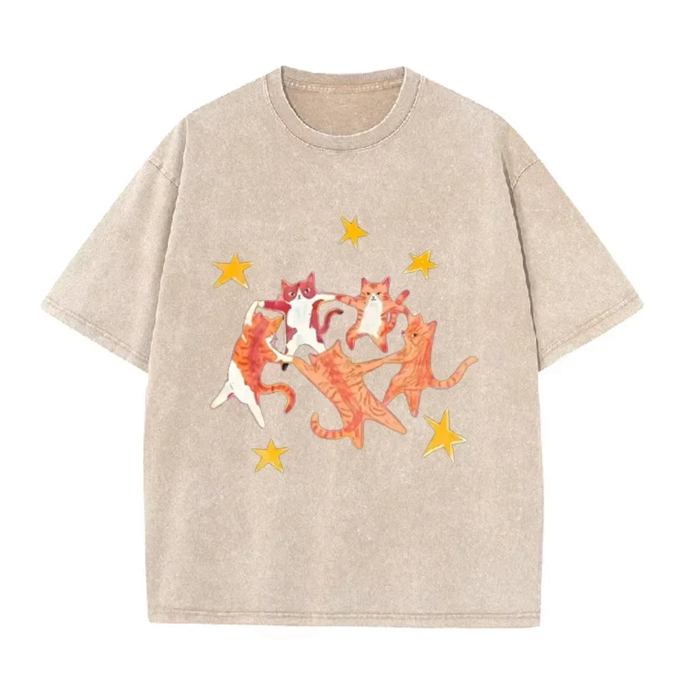 Vintage Washed Purple Dancing Orange Cats Star Print Casual Cute Animal Graphic T Shirt