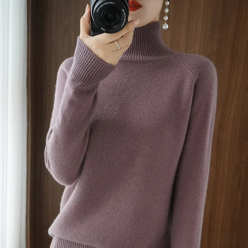 Women's Plain Ribbed Roll Neck Sweater Casual Knit Layer