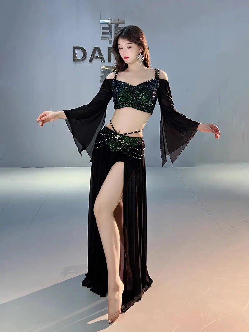 Women's Belly Dance Outfit with Flared Sleeves and Long Split Skirt