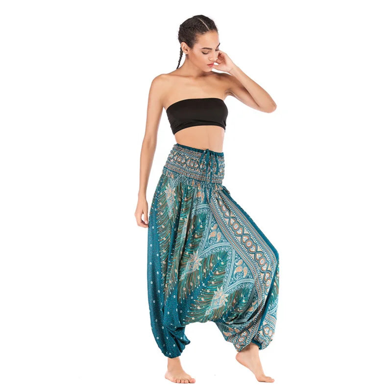 Women's Printed Nylon Harem Pants with Smocked Waist and Convertible Styling