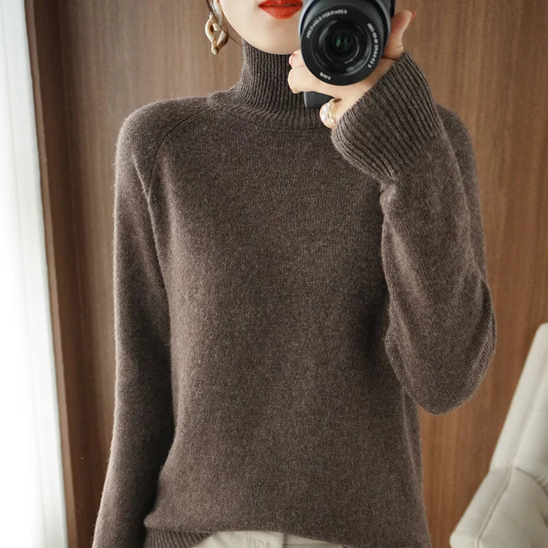 Women's Plain Ribbed Roll Neck Sweater Casual Knit Layer