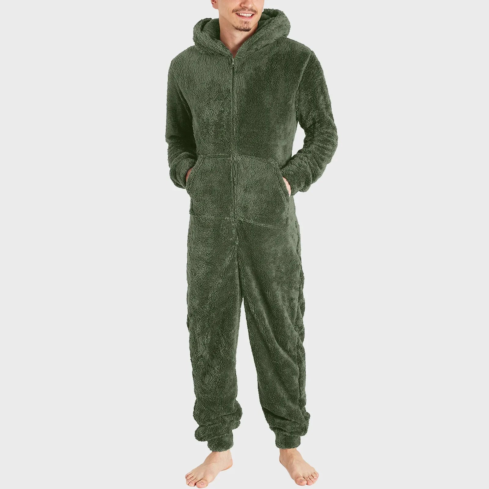 Men's Hooded Zip Front Long Sleeve Plush Pajama Jumpsuit