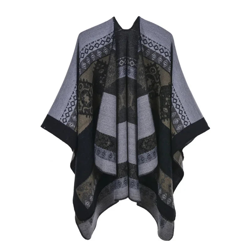 Patterned Fringed Open Front Poncho for Layering over Outfits