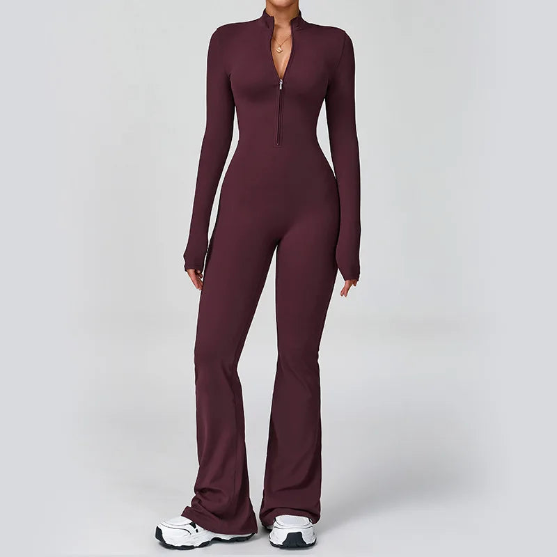 Women's Long Sleeve Nylon Blend Flared Workout Jumpsuit with Front Zipper