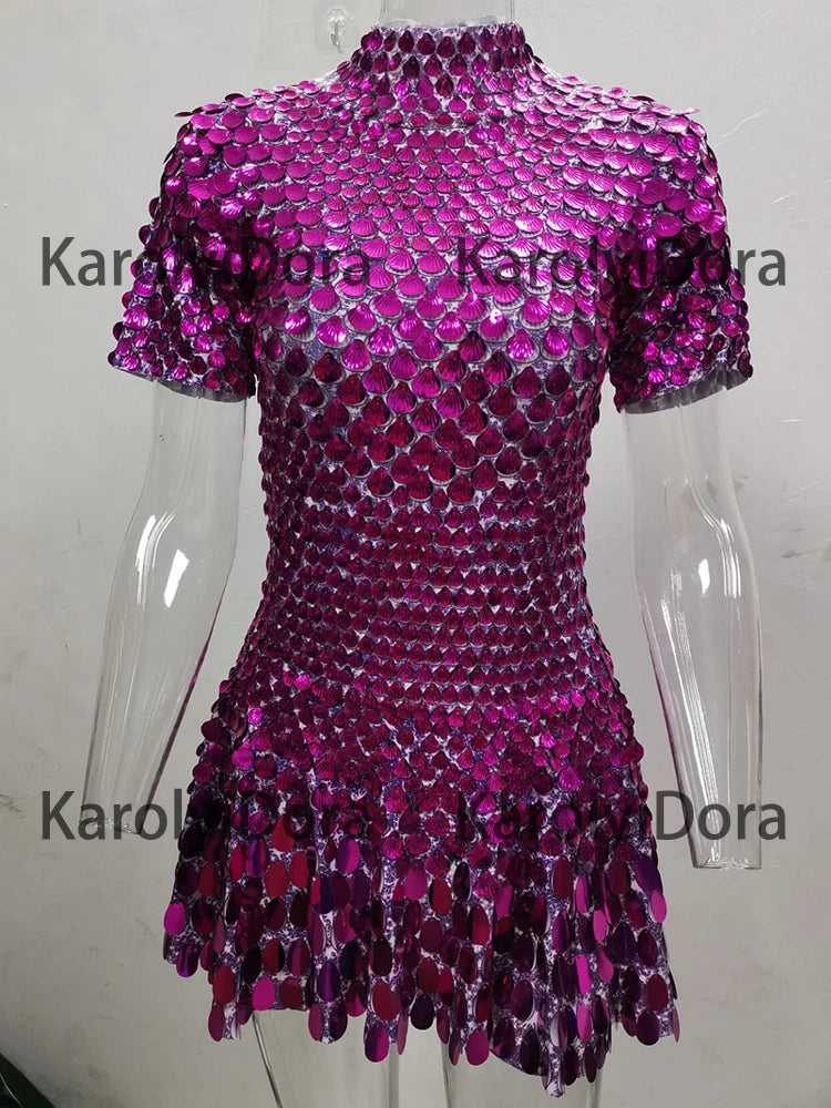 Women's Disc Sequin Mini Dance Dress with Short Sleeves and High Neck