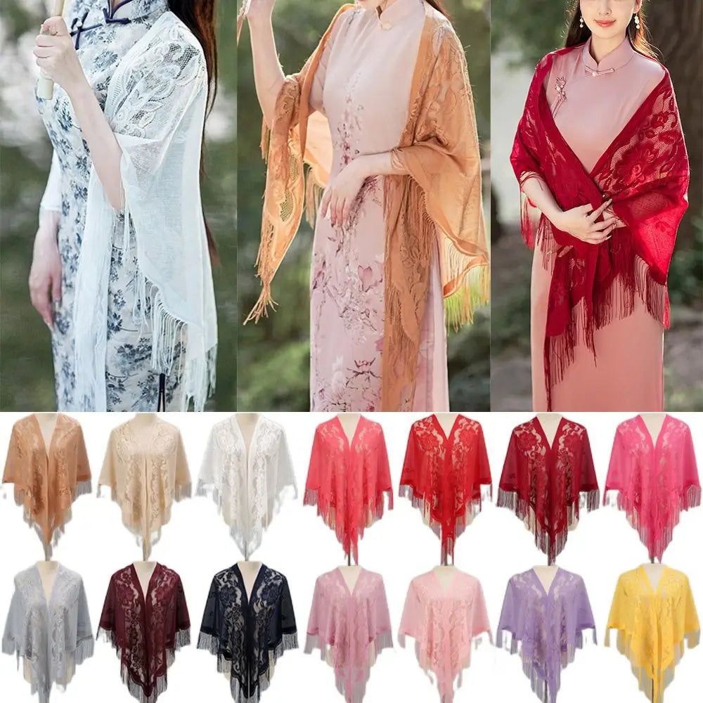 Floral Lace Fringed Wrap Scarf for Layering over Outfits