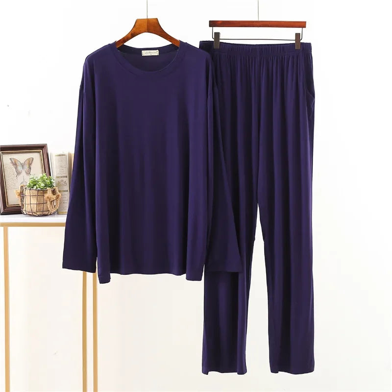Men's Solid Crew Neck Long Sleeve Top and Pants Pajama Set