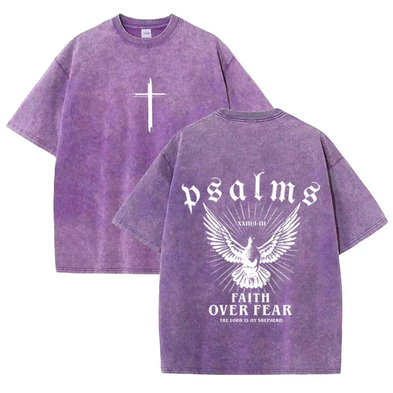 Retro Faith Over Fear T Shirt Psalms Dove Print Casual Washed Religious Streetwear