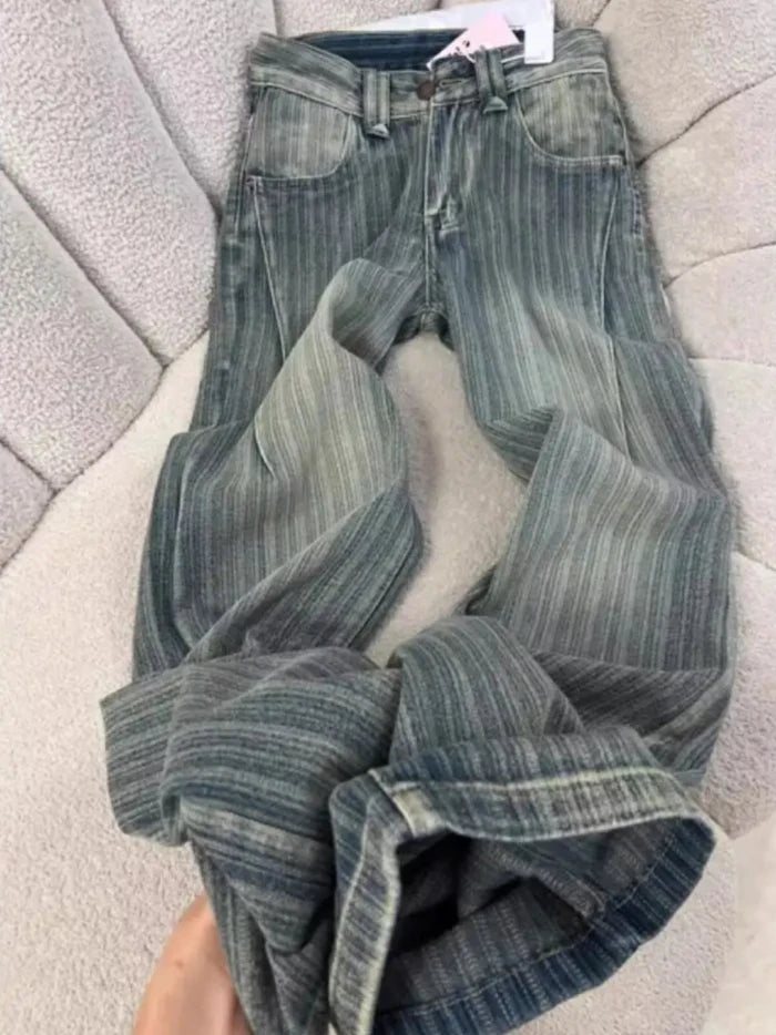 Women's Striped Washed Loose Fit Denim Jeans For Everyday Outfits
