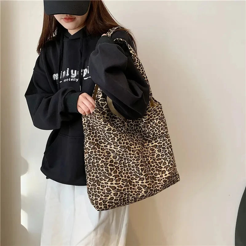Leopard Print Foldable Tote Bag with Wide Shoulder Handles