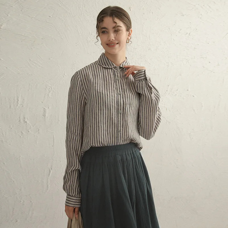 Women's Cotton-Linen Striped Long-Sleeve Shirt with Classic Collar for Casual Everyday Outfits