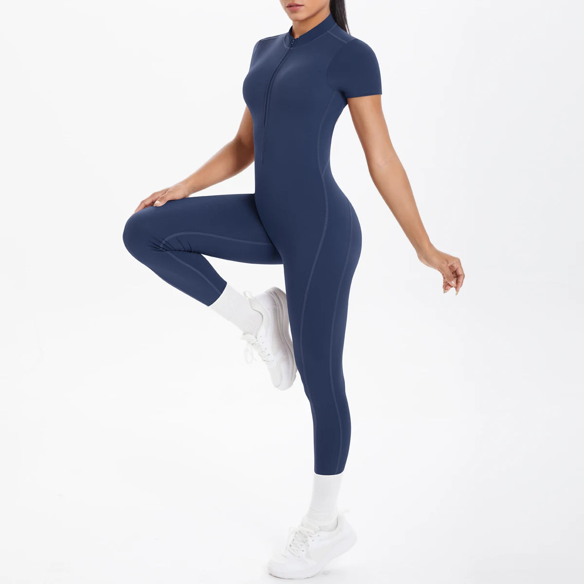 Women's Zip Front Nylon Blend Workout Jumpsuit with Open Back and Sleeve Options