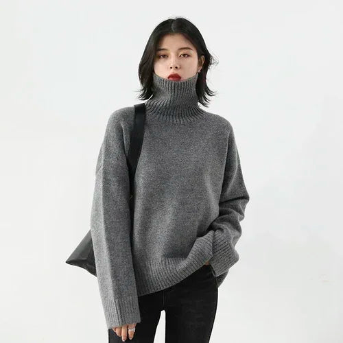 Women's Oversized Roll Neck Long Sleeve Sweater Casual Knit Layer
