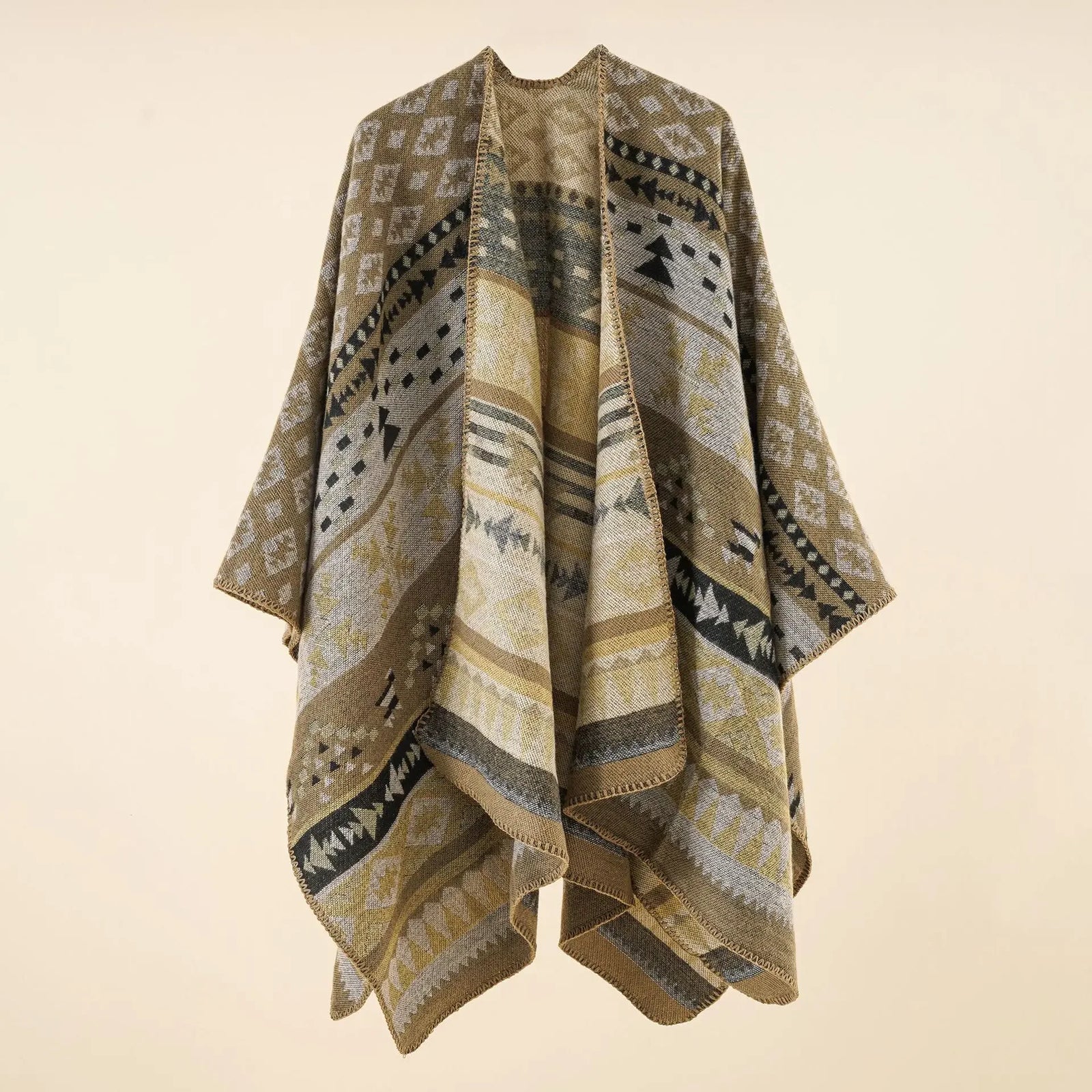 Geometric Pattern Open Front Poncho for Layering over Outfits